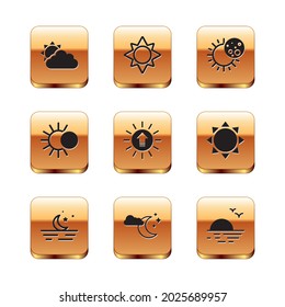 Stellen Sie Sonne und Wolke Wetter, Mondsterne, Wolke mit Mond, Sonnenuntergang, Sonnenstrahlen und Symbol. Vektorgrafik