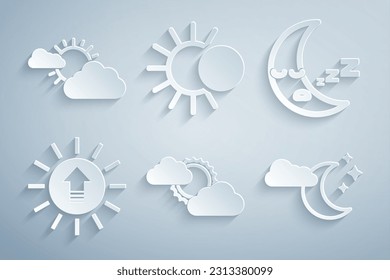 Set Sun and cloud weather, Moon icon, Sunset, Cloud with moon stars, Eclipse of sun and  icon. Vector