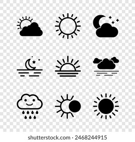 Set Sun and cloud weather, Cloud with moon stars, rain, Eclipse of sun, Moon and Sunset icon. Vector