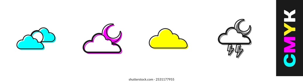 Set Sun and cloud weather, Cloud with moon,  and Storm icon. Vector