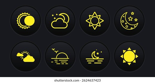 Set Sun and cloud weather, Moon stars, Sunset, Cloud with moon,  and Eclipse of sun icon. Vector