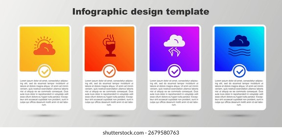 Sol y Clima nublado, vino caliente, tormenta y viento. Plantilla de infografía de negocios. Vector