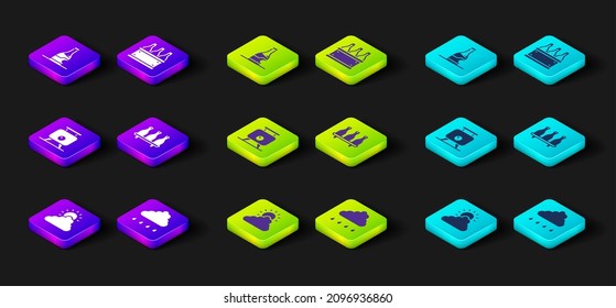 Set Sun and cloud weather, Cloud with rain, Fermentation of grapes, Bottle wine, Bottles box and  icon. Vector