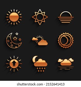 Set Sun and cloud weather, Cloud with rain moon, Eclipse of sun, Sunset, Moon stars, and icon. Vector