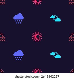 Ajuste o sol e o clima de nuvem, Nuvem com chuva, Eclipse do sol e Pôr do sol em padrão sem costura. Vetor