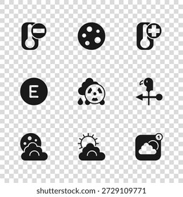 Set Sun and cloud weather, Rooster vane, Weather forecast app, Acid rain radioactive, Thermometer, Moon and Compass west icon. Vector