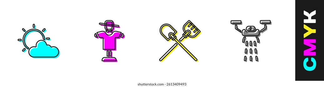 Set Sun and cloud weather, Scarecrow, Shovel and Smart farm with drone icon. Vector