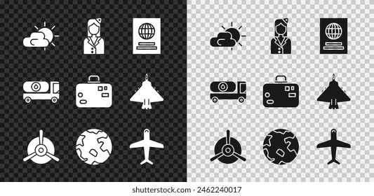 Set Sun and cloud weather, Stewardess, Passport, Plane propeller, Worldwide, Fuel tanker truck and Suitcase icon. Vector