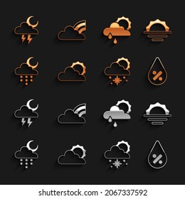 Set Sun and cloud weather, Sunrise, Water drop percentage, Cloud with snow sun, rain moon, Storm and Rainbow clouds icon. Vector