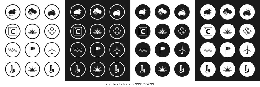 Set Sun and cloud weather, Sunrise, Celsius, Cloud with rain sun, Snowflake, snow, Wind turbine and Waves icon. Vector