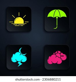 Set Sun and cloud weather, Sunrise, Storm and Classic elegant opened umbrella. Black square button. Vector