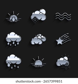Set Sun and cloud weather, Sunrise, Windy, Falling star, Cloud with rain, Waves and Sunset icon. Vector