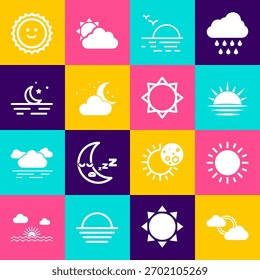 Sol y Clima de nubes, Puesta del sol, Nube con estrellas de luna, Luna, y el ícono. Vector