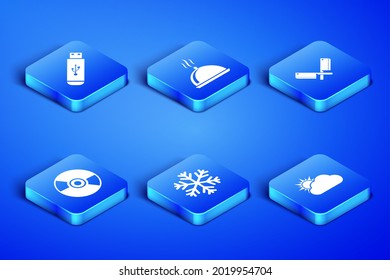Set Sun and cloud weather, USB flash drive, Snowflake, CD or DVD disk, Covered with tray of food and Crossed meat chopper icon. Vector