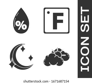 Set Sun and cloud weather, Water drop percentage, Moon and stars and Fahrenheit icon. Vector