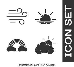 Set Sun and cloud weather, Wind, Rainbow with clouds and Sunrise icon. Vector