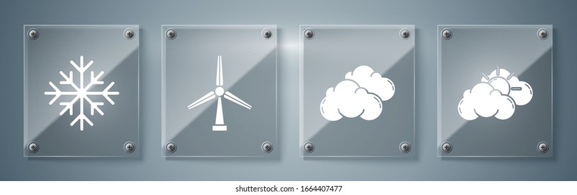 Set Sun and cloud weather, Cloud, Wind turbine and Snowflake. Square glass panels. Vector