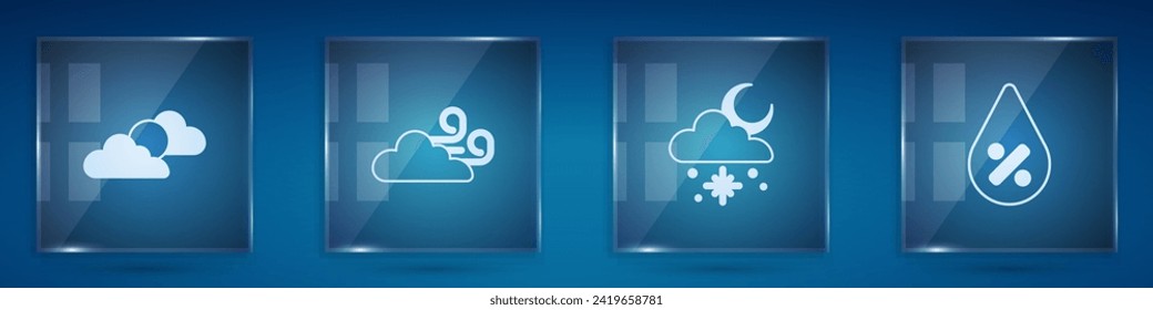 Set Sun and cloud weather, Windy, Cloud with snow sun and Water drop percentage. Square glass panels. Vector