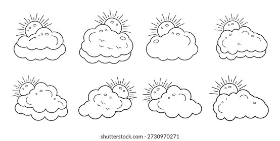 conjunto de sol e nuvens linha arte desenho estilo ícones do tempo