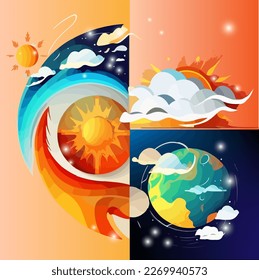 Conjunto de sol y nubes sobre fondo naranja y azul. Ilustración del vector