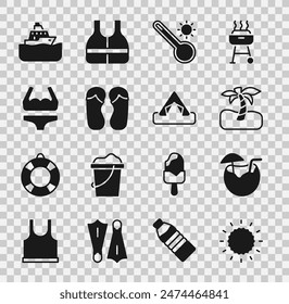 Set Sun, Coconut cocktail, Tropical palm tree, Meteorology thermometer, Flip flops, Swimsuit, Cruise ship and Tourist tent icon. Vector