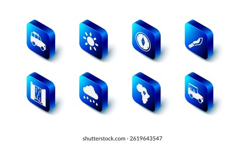 Set Sun, Compass, Machete, Safari car, Map of Africa, Cloud with rain, Waterfall and Car icon. Vector