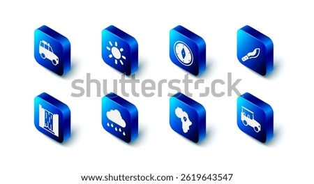 Set Sun, Compass, Machete, Safari car, Map of Africa, Cloud with rain, Waterfall and Car icon. Vector