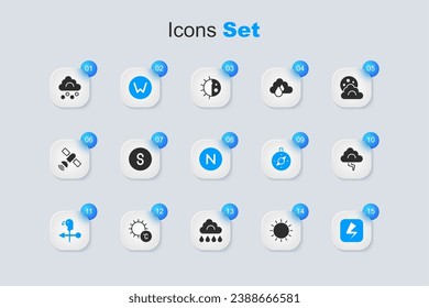 Set Sun, Compass south, north, Rooster weather vane, Lightning bolt, Cloud and lightning, Hail cloud and  icon. Vector