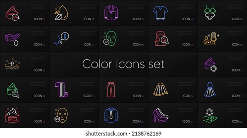 Set of Sun cream, Skin cream and Shirt line icons. Include Sun protection, T-shirt, Scarf icons. Wash hands, Pants, Collagen skin web elements. Uv protection, Shoes, Dress. Water drop. Vector
