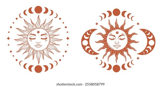 Set of Sun and crescent moon vector silhouette design. Vector illustration set of moon phases. Boho sun with face. Line Art Vector Collection. Mystical, esoteric and occult magic signs