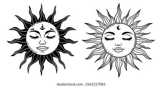 Set of Sun and crescent moon vector silhouette design. Vector illustration set of moon phases. Boho sun with face. Line Art Vector Collection. Mystical, esoteric and occult magic signs