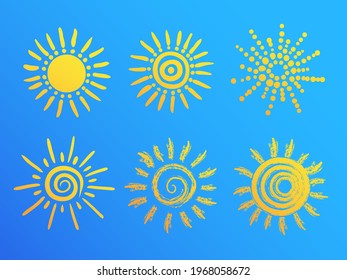 set of sun drawings on blue sky background. vector illustration