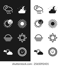 Set Sun, Eclipse of the sun, Cloud with rain and moon, stars, Sunset,  and cloud weather icon. Vector
