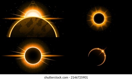 Establecer el color de la colección solar Eclipse solar Incendio fondo oscuro Vector estilo Moon Diseño Espacio Ciencia Luz brillante