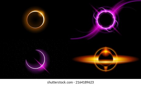 Set Sun Eclipse Solar Collection Color Fire Dark Background Vector Moon Design Style Space Science Glow Light