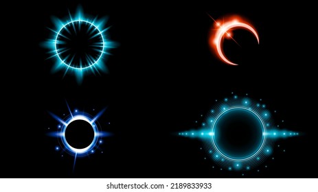 Set Sun Eclipse Solar Collection Color Fire Dark Background Vector Moon Design Style Space Science Glow Light