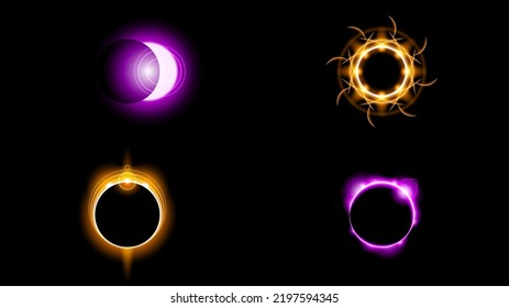 Set Sun Eclipse Solar Collection Color Fire Dark Background Vector Moon Design Style Space Science Glow Light
