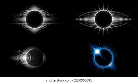 Set Sun Eclipse Solar Collection Color Fire Dark Background Vector Moon Design Style Space Science Glow Light