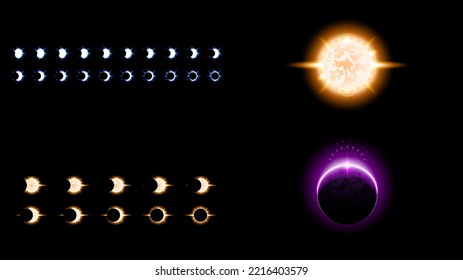 Set Sun Eclipse Solar Collection Color Fire Dark Background Vector Moon Design Style Space Science Glow Light