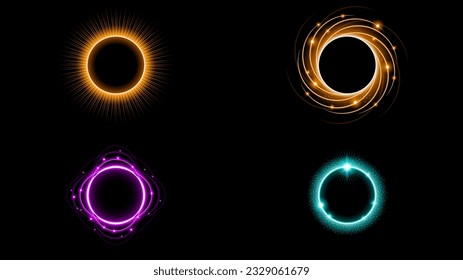 Set Sun Eclipse Solar Collection Color Fire Dark Background Vector Moon Design Style Space Science Glow Light