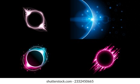 Set Sun Eclipse Solar Collection Color Fire Dark Background Vector Moon Design Style Space Science Glow Light