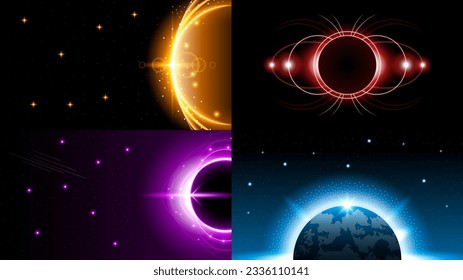 Set Sun Eclipse Solar Collection Color Fire Dark Background Vector Moon Design Style Space Science Glow Light