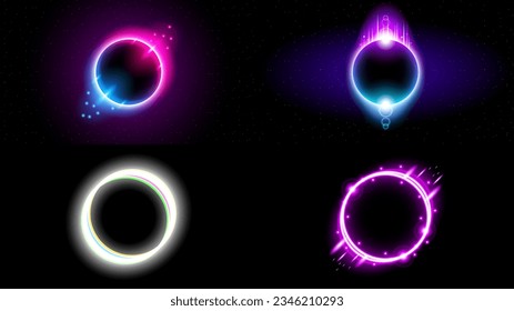 Set Sun Eclipse Solar Collection Color Fire Dark Background Vector Moon Design Style Space Science Glow Light