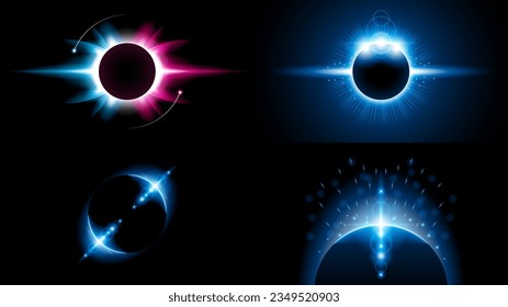 Establecer el color de la colección solar Eclipse solar Incendio fondo oscuro Vector estilo Moon Diseño Espacio Ciencia Luz brillante