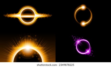 Set Sun Eclipse Solar Collection Color Fire Dark Background Vector Moon Design Style Space Science Glow Light