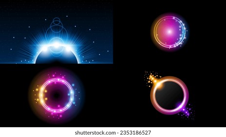Set Sun Eclipse Solar Collection Color Fire Dark Background Vector Moon Design Style Space Science Glow Light