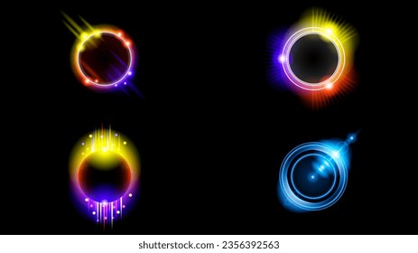 Set Sun Eclipse Solar Collection Color Fire Dark Background Vector Moon Design Style Space Science Glow Light