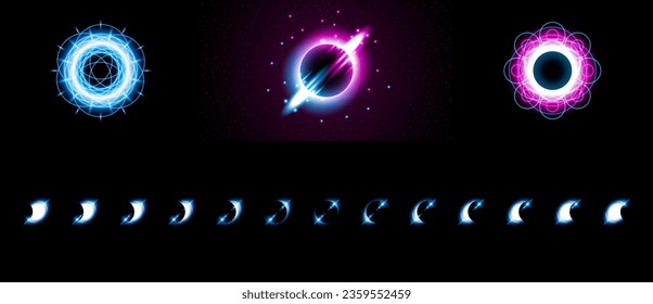 Set Sun Eclipse Solar Collection Color Fire Dark Background Vector Moon Design Style Space Science Glow Light