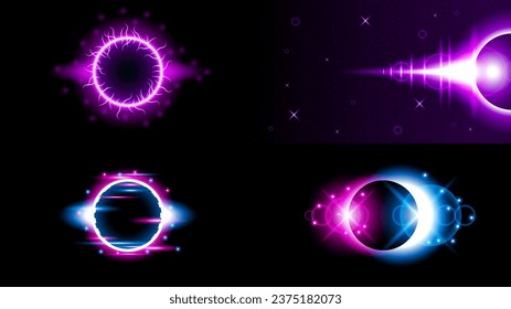 Set Sun Eclipse Solar Collection Color Fire Dark Background Vector Moon Design Style Space Science Glow Light