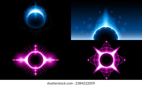 Set Sun Eclipse Solar Collection Color Fire Dark Background Vector Moon Design Style Space Science Glow Light